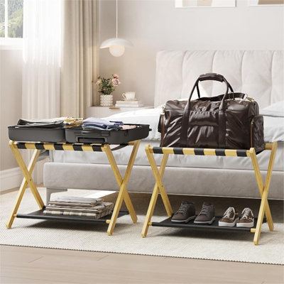 2 Pack Luggage Rack, Folding Luggage Rack For Guest Room, Walnut Bamboo Suitcase Stand Holds Up To 131 Lb, Luggage Stand With Storage Shelf For Hotel, Bedroom