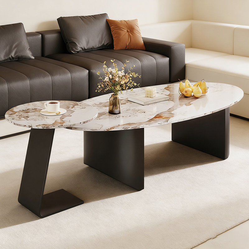 Ensemble de tables basses ovales Home Home avec base en métal, 15,74 po H x 55,11 po L x 27,55 po l, Taupe / Blanc, Noir