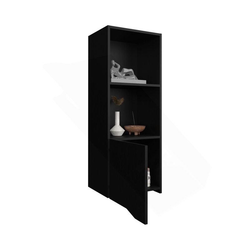 43" Tall One-Door Wall Cabinet  With Two Open Shelves, Medicine Cabinet, Black