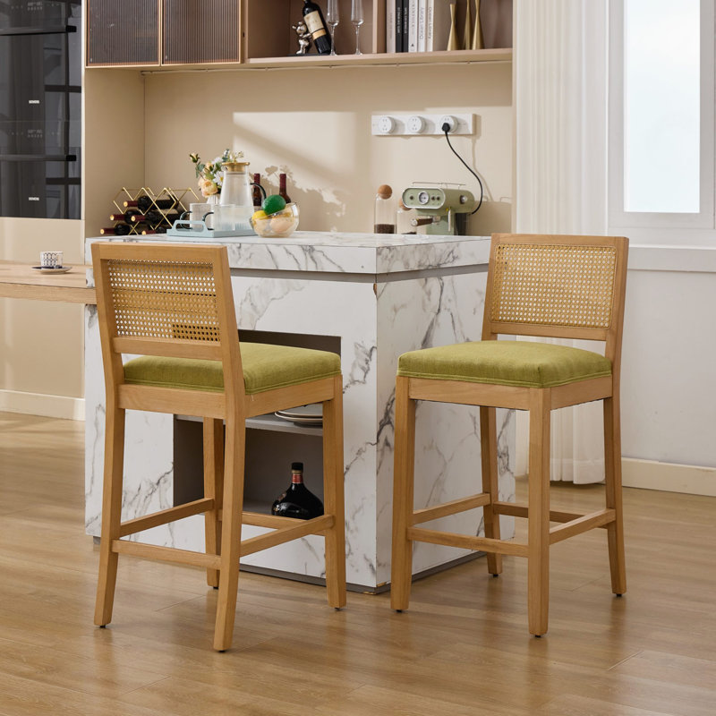 Tabouret de bar à dossier en rotin, Vert / Naturel