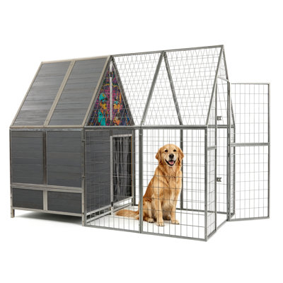 87" Heavy Duty Metal Dog Run Enclosure,with Waterproof Roof Wooden Dog House