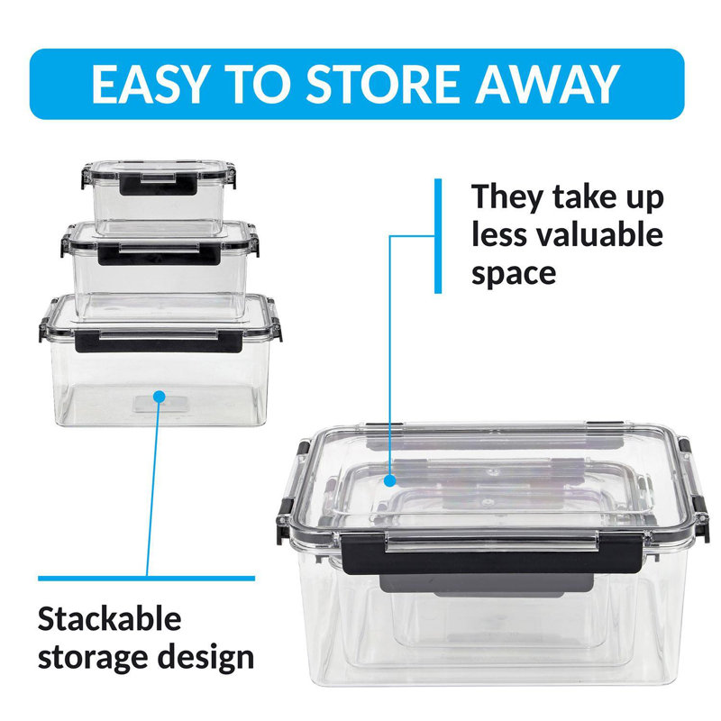 3Pc Plastic Food Storage Container Set – Clear/Black Stackable Boxes With Leak-Proof Lids, Rubber Gasket Seal & Snap Clips – Airtight Meal Prep Containers – Small, Medium, Large