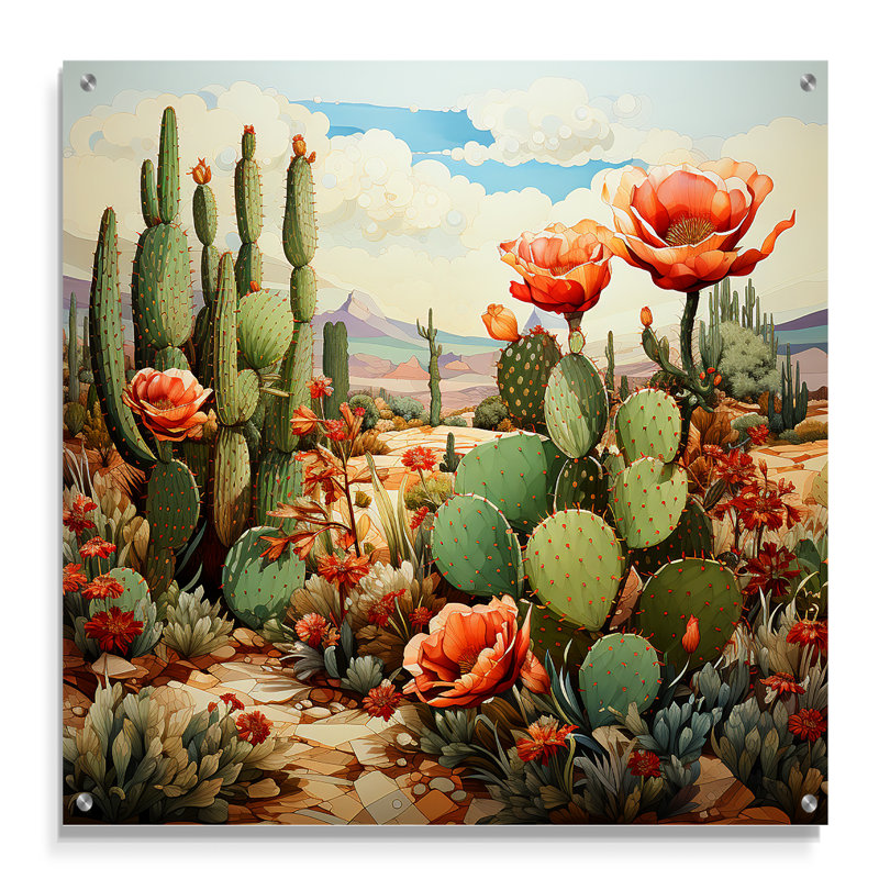Corail vert, cactus désert, pointillisme III - Cactus acrylique, art mural, H 16 po x l 16 po