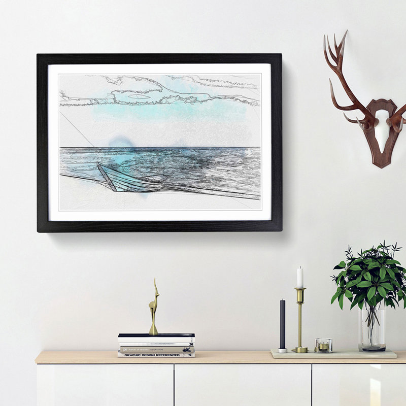 Blue Boat upon the Beach in Abstract - Picture Frame Drawing Print, 62cm H x 87cm W x 2cm D, Black Framed