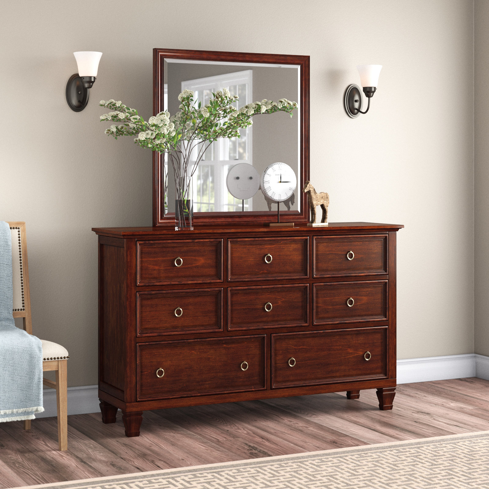 Arnedo 8 Drawer Dresser with Mirror Lark Manor Color Brown Cherry