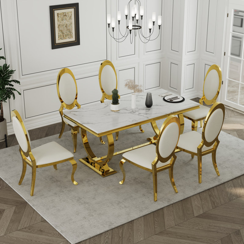 7 Piece Luxury White And Gold Dining Table Set With 6 White Leather Dining Chairs, White, White, White/Gold
