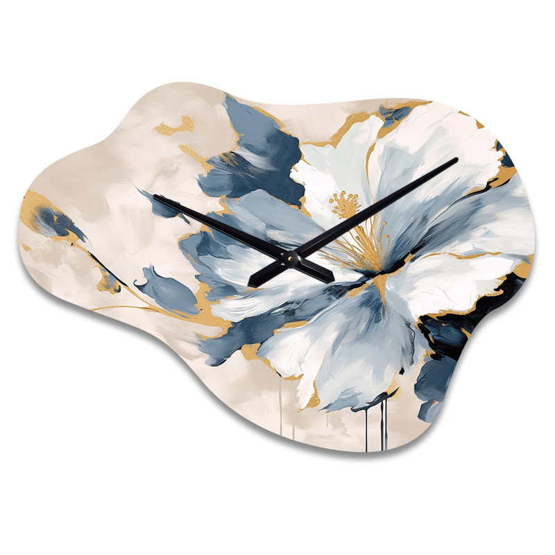 Horloge murale asymétrique bleue avec fleurs bleues et hibiscus tropicales bleues, Grand
