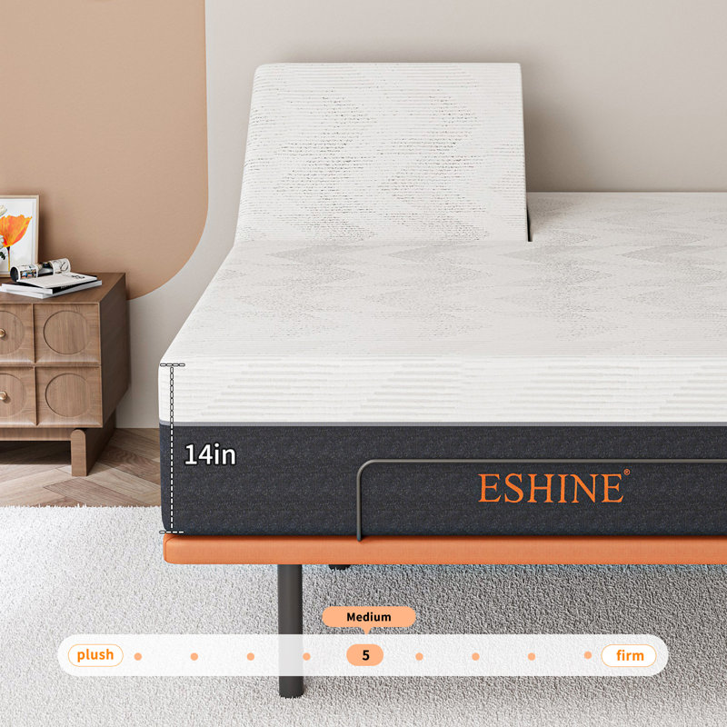 Split Top Queen Adjustable Bed Frame With 14'' Medium Plush Memory Foam Mattress, USB & Type C Ports, Massaging, Wireless Remote, E3000 Sunset Orange