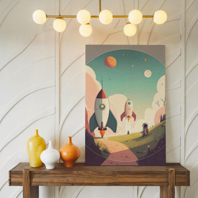 Figurine de fusée fantaisiste sur toile, astronaute et fusée rétro, art mural sur toile prêt à accrocher