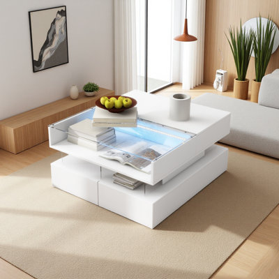Table basse à plateau relevable avec 2 tiroirs, table basse carrée moderne avec plateau en verre et finition ultrabrillante, espace caché et lumières DEL pour le salon