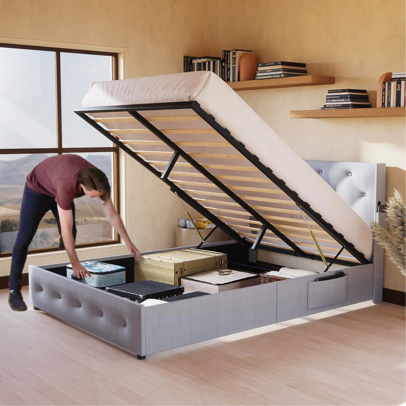 Structure de lit grand format avec rangement et tête de lit à oreilles moderne, ports USB pour plus de commodité, Gris clair