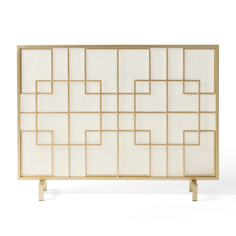 Pare-étincelles à panneau simple en fer avec motif géométrique et grille en métal doré
