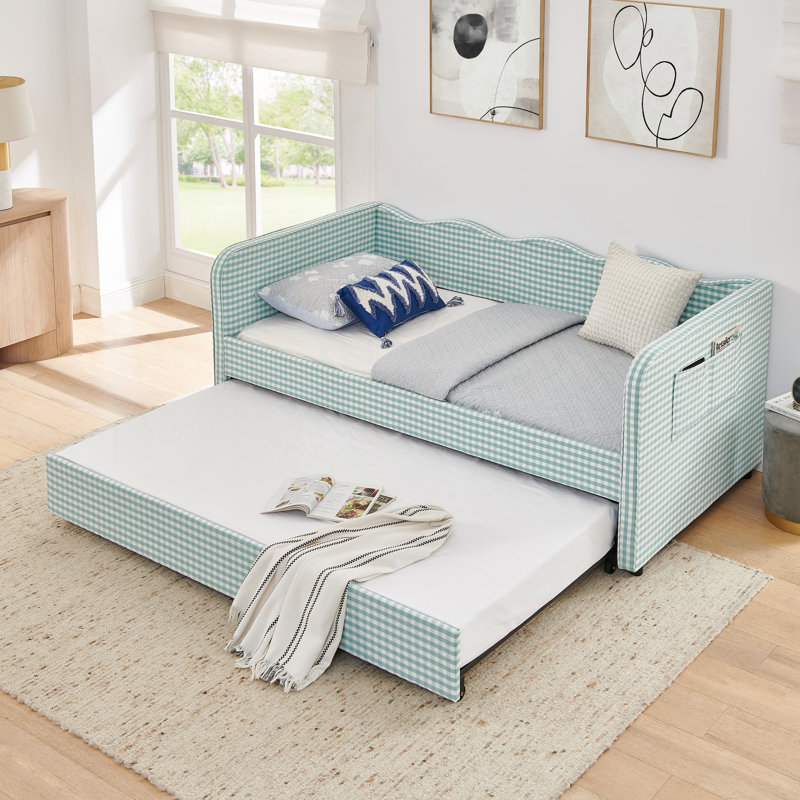 Lit de jour simple, canapé-lit convertible 3 en 1 avec couchette gigogne Gingham, Cyan