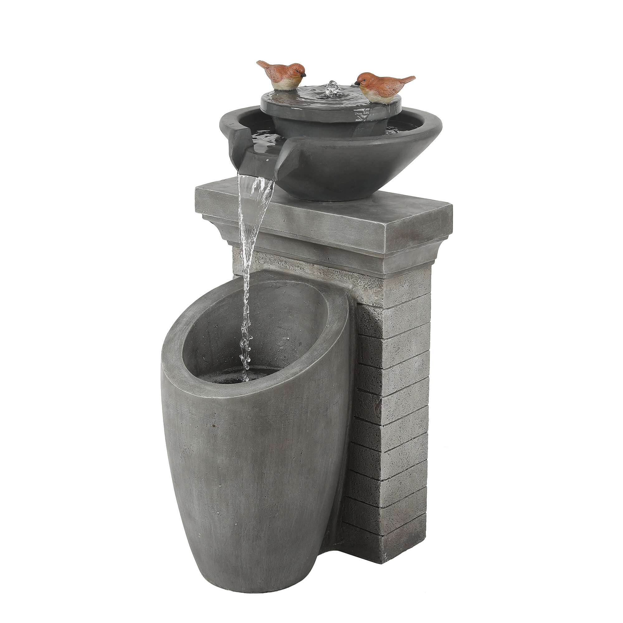 Red Barrel Studio® Cement Modern Column And Bowls Outdoor Fountain With ...