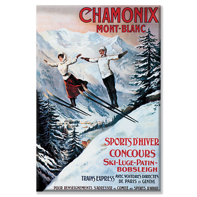 « chamonix montant blanc », publicité rétro encadrée sur toile tendue, H 36 po x l 24 po x P 0,75 po