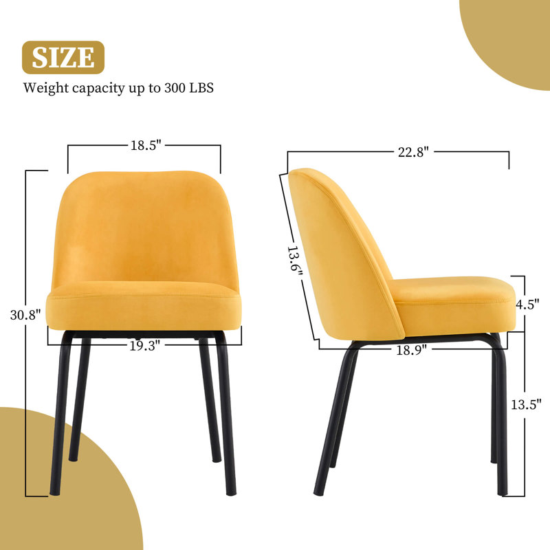 Burvin 2 Set Upholstered Dining Chair, Mid Century Side Chairs Velvet Fabric, Yellow, Black
