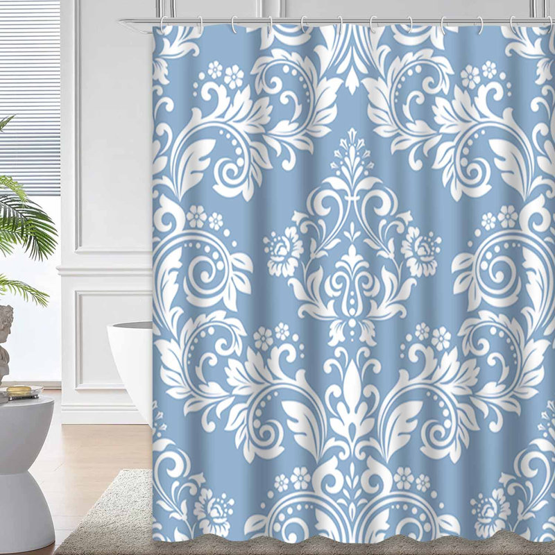 Rideau de douche à motif floral damassé blanc et bleu avec 12 crochets, L 72 po x l 84 po