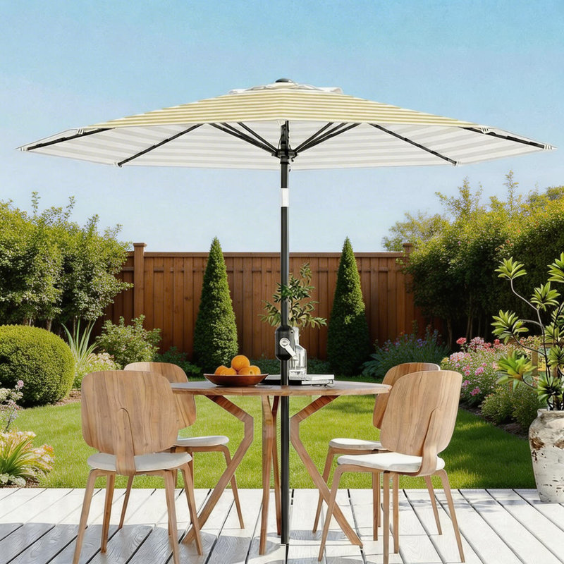 Parasol de patio 10 pi, 8 baleines robustes, avec manivelle et inclinaison à bouton-poussoir, Rayures brunes et blanches