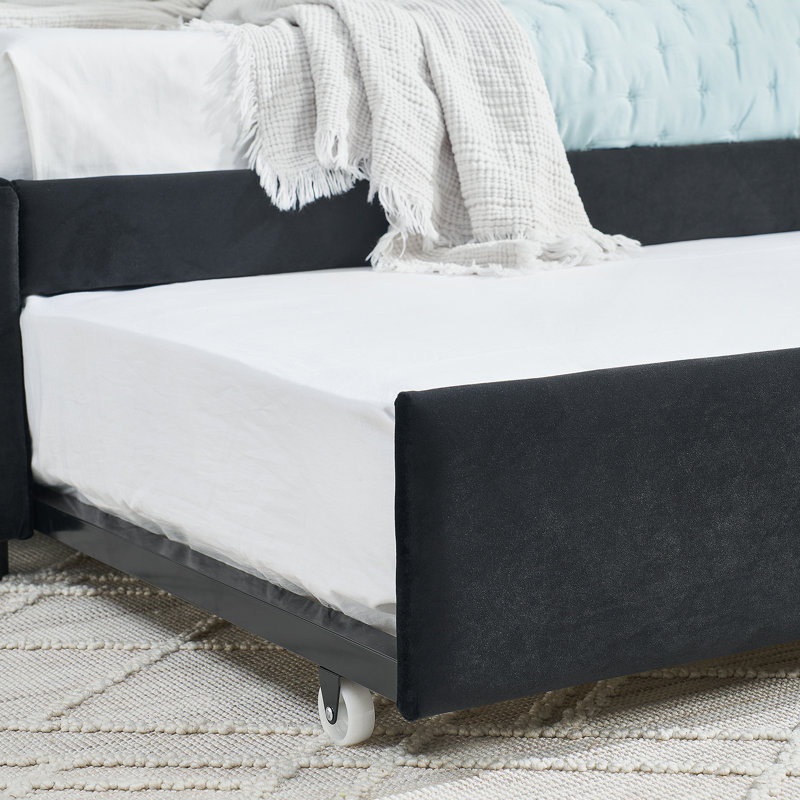 Full Size Daybed with Trundle Upholstered Tufted Sofa Bed, Sofa Bed Frame with Comfortable Backrest and Armrests, Velvet, Black(79.5''x58''x25'')