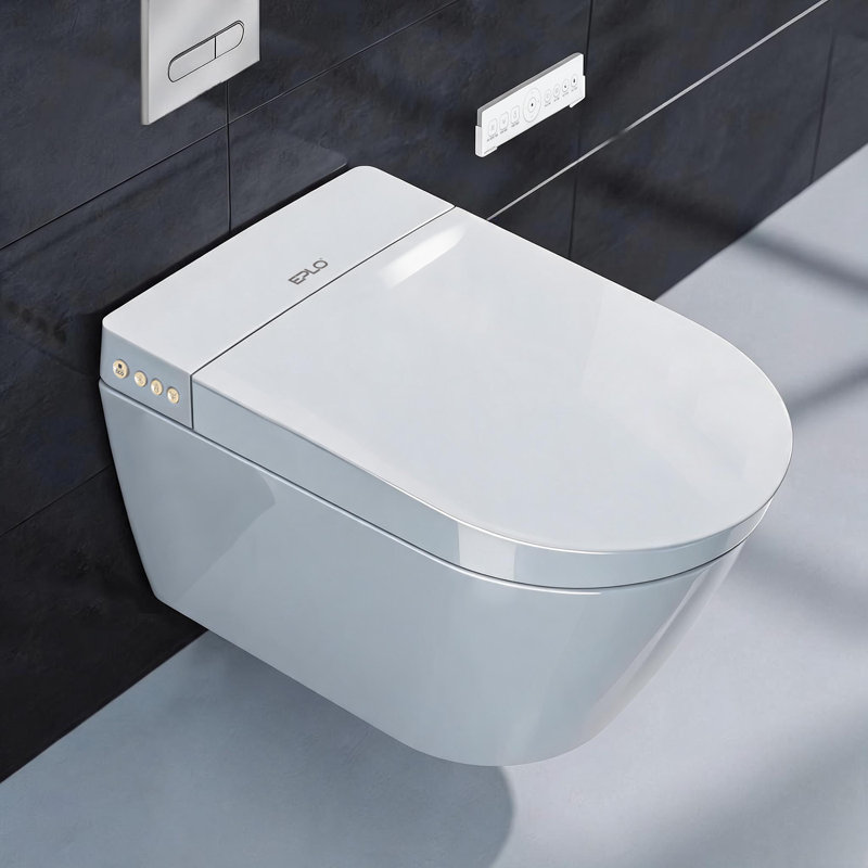 Toilette murale avec bidet, avec système de réservoir encastré, eau chaude chaude, siège chauffant, séchoir à air chaud, double chasse automatique, télécommande, ensemble de toilette à bidet allongé mural