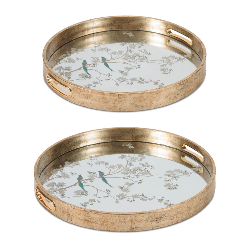 Plateau miroir à oiseaux et fleurs (ensemble de 2)