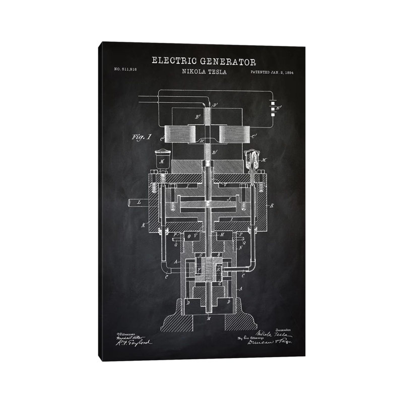 Tesla Electric Generator by PatentPrintStore - Wrapped Canvas Print, 20.32 cm H x 30.48 cm W