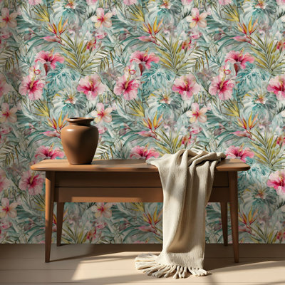 Peel and Stick Wallpaper Contact Paper Hibiscus Monstera Palm Leaf Tropical Resort Fabric Design Self Adhesive and Removable 17.7in x 118in(45x300cm)