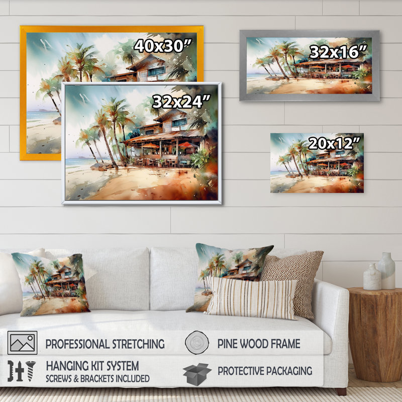 Tropical Beach House - art mural de plage côtière pour le salon, H 12 po x l 20 po x P 1 po, Cadre simple noir