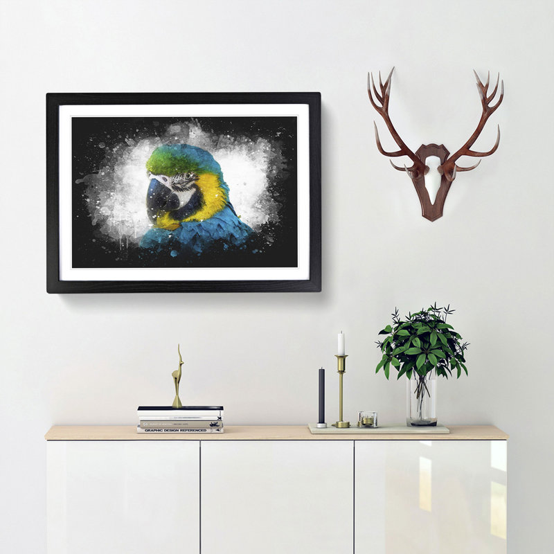 Blue and Yellow Macaw Parrot - Picture Frame Painting Print, 45cm H x 63cm W x 2cm D, Black Framed