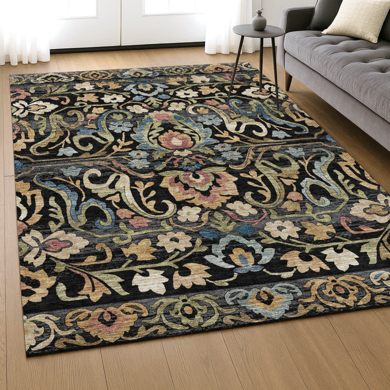 Premium Machine Washable Mayfield AMF2193 floral Rug, 2'6" x 3'10", Black