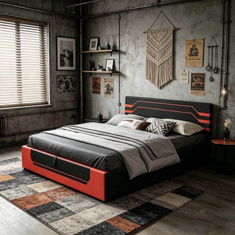 Base de lit de jeu hydraulique moderne, Noir et rouge