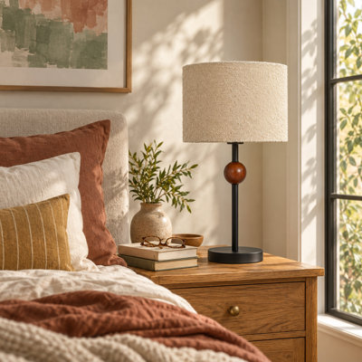 1-Light Desk Table Lamp with Fabric Shade Wood Accent