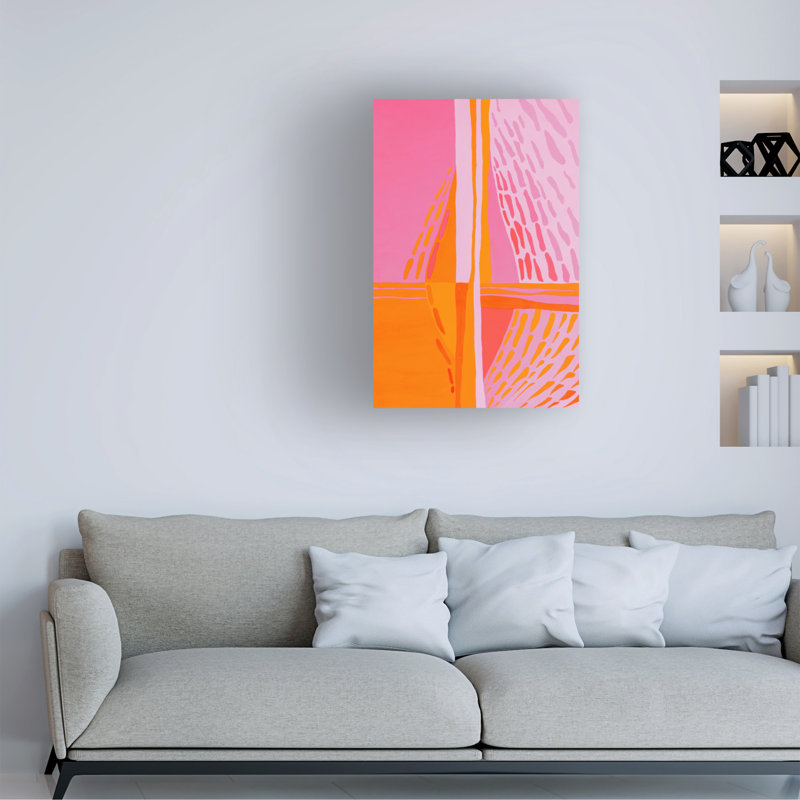Art abstrait sur toile rose, orange Incado, H 19 po x l 12 po