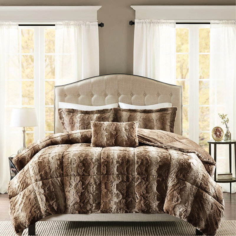 Édredon en fausse fourrure pour grand lit - literie douce 4 pièces avec édredon, 2 taies décoratives, coussin décoratif brun