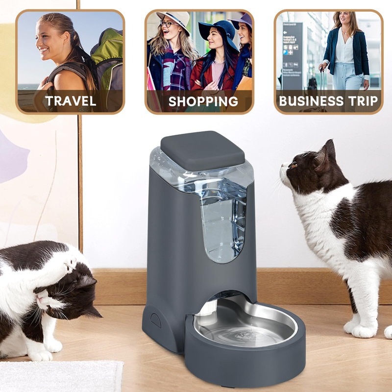 Automatic Gray Pet Feeder and Water Dispenser with Stainless Steel Bowls