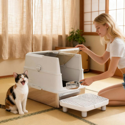 Cat Litter Box Made Of Stainless Steel, Flip Cover, Xl For Big Cats, Reduces Scatter, Keeps Air Clean, Simple To Assemble Steel Roomy Interior, Mess, Has Deodorizer Function