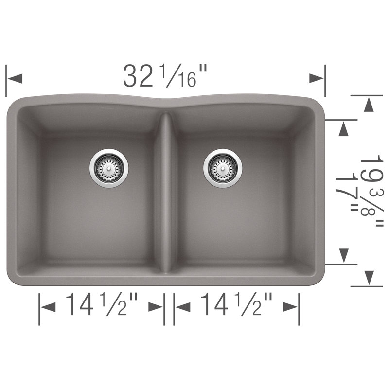 Évier de cuisine à double cuve en granite avec crépine à losanges L 32 po x l 19 po Diamond, Gris métallique