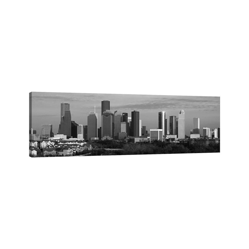 Houston Skyline Cityscape (Black & White - Evening) - Wrapped Canvas Panoramic Print, 30.48 cm H x 91.44 cm W x 1.91 cm D