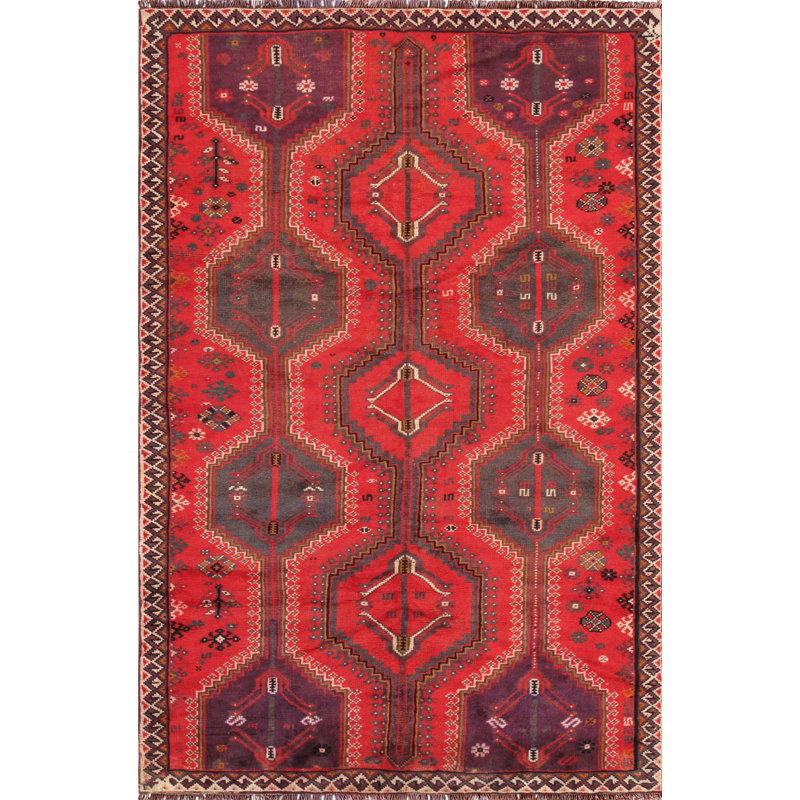 Tapis unique en laine noué à la main rétro de 4 pi 11 po x 7 pi 7 po rouge / gris