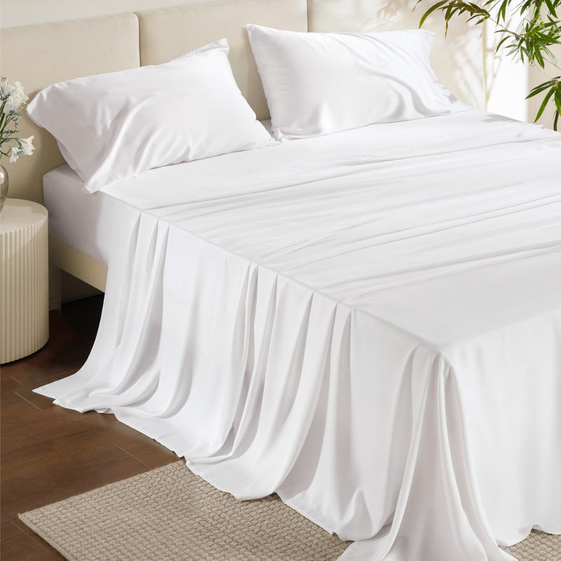 Ensemble de draps en rayonne de bambou Essential Collection, Ensemble de draps pour lit simple avec 1 taie d'or, Blanc