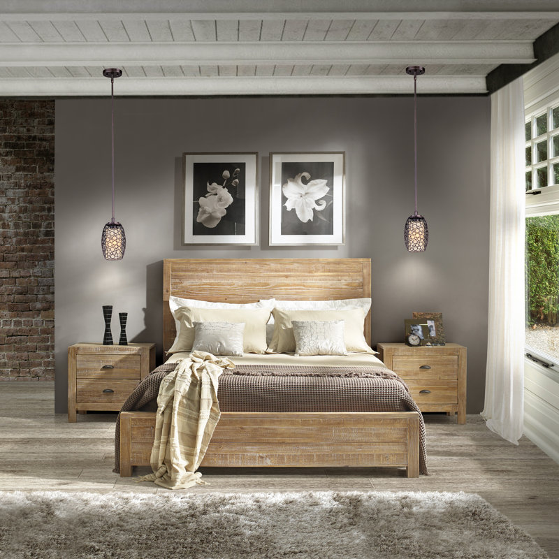 Ensemble de chambre à coucher Montauk, Bois flotté, 4 pièces: lit, 2 tables de chevet, commode, Très grand lit