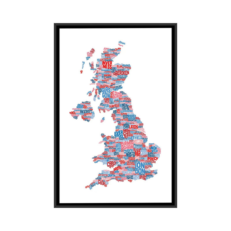 « grande-bretagne villes text map » par michael tompsett, art textuel sur toile, H 26 po x l 18 po x P 1,5 po, Pas de tapis