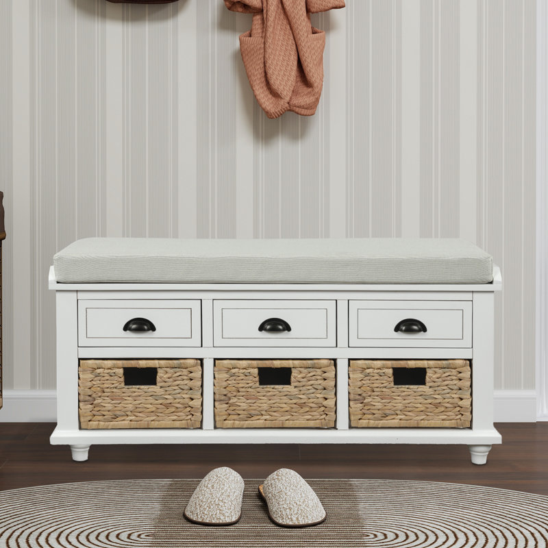 Banc de rangement rustique avec 3 tiroirs et 3 paniers en rotin, banc à chaussures, Blanc