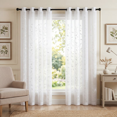 Rideau Aftonshire blanc de 213 cm avec broderie de feuilles argentées - Panneau à œillets simples pour salon et chambre