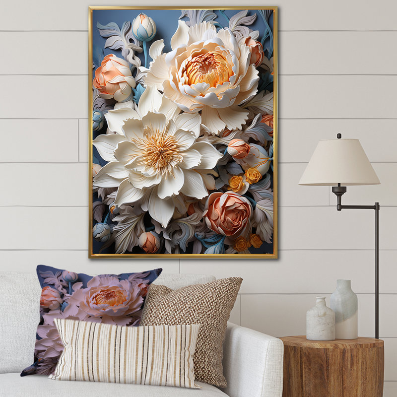Reproduction sur toile de pivoines beiges surréelles, Cadre flottant doré, H 32 po x l 24 po x P 1 po