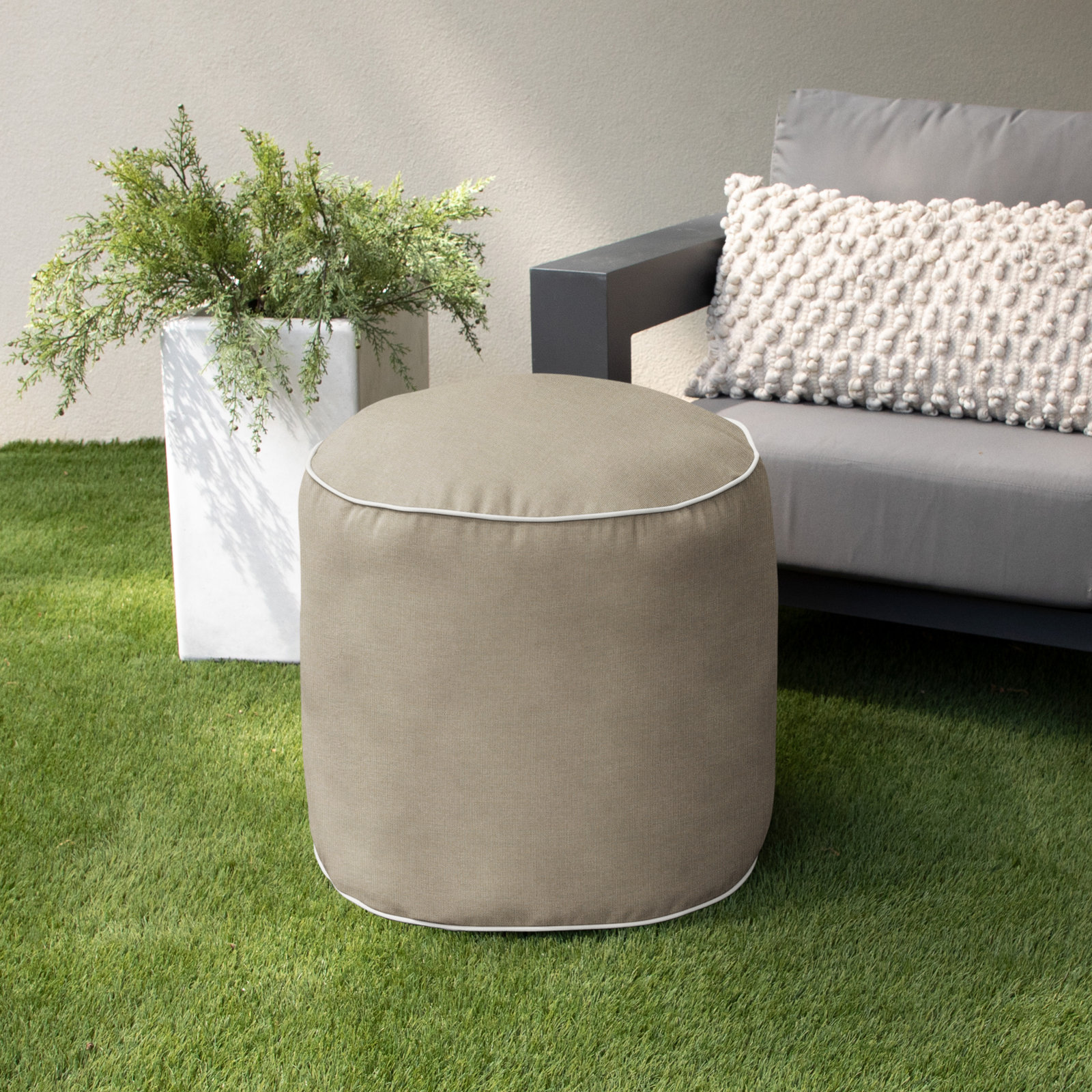 Demi Round Upholstered Outdoor Ottoman with Sunbrella® Cushion, Canvas Taupe Sunbrella® Canvas