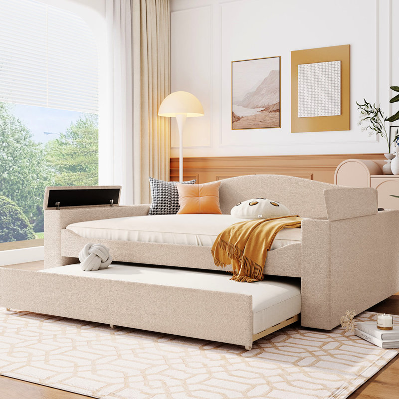 Elegant Upholstered Daybed In Beige, With Storage, Trundle And Entertainment System Beige Fleece Storage Trundle, Integrated For Enjoyable Life Time