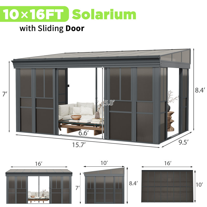 10x16 Ft Wall Mounted Sunroom, Lean-to Solarium with PC Roof, Sliding Doors & Windows, Outdoor Enclosed Gazebo for Patio, Deck & Poolside, Gray 