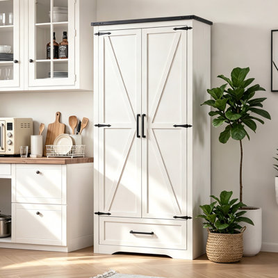 72" Farmhouse Kitchen Pantry Cabinet - Wood Tall Kitchen Storage Cabinet With Adjustable Shelves And 2 Barn Doors & Drawer