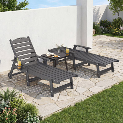 Hdpe Wood Grain Outdoor Chaise Lounge Set Of 2, Patio Lounge Chair With Adjustable 6-position, Sun Lounger